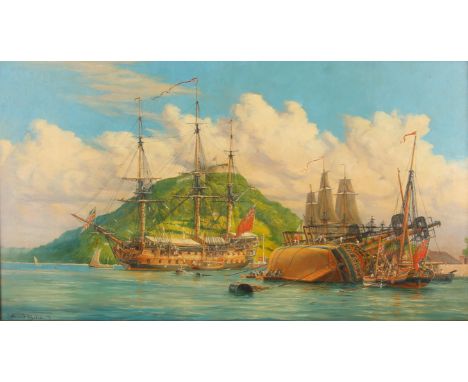 § Harold Wyllie (British 1880-1973), H.M.S. Albion in English Harbour, Antigua, with a frigate being careened in the foregrou