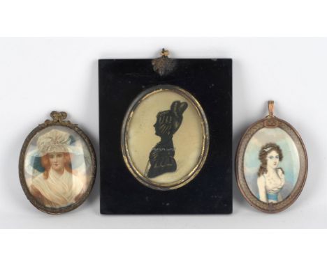 English Provincial School (c.1800), Portrait miniature of a young lady, watercolour, oval, in a setting with a border of plai