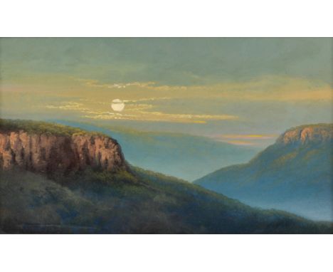 W. Robertson (19th/20th century). Myrna-Ha-Ha Lookout, Blue Mountains, New South Wales, Australia, oil on board, 26 x 43cm. F