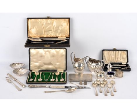 George III silver cream jug London 1800, cased pair of Victorian table spoons, christening set, two handled sugar bowl, pair 