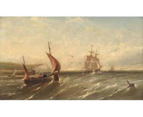 Follower of John Callow, Vessels off the coast in a stiff breeze, oil on canvas, bears a signature lower left, 23 x 38.5cm. F