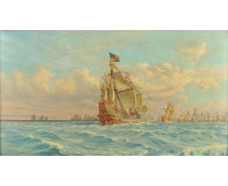 § Harold Wyllie (British 1880-1973), H.M.S. ArkRoyal 1587, oil on canvas, signed lower left, 46 x 81cm. Framed This lot is be