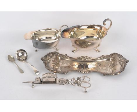 Harwood silver plated candle snuffer - wick trimmer, snuffer stand, two sauce boats and a sauce ladle 