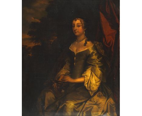 Manner of Sir Peter Lely, Portrait of a lady, three quarter length seated, a landscape beyond, oil on canvas, bears typed ins