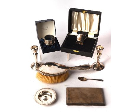  Engine turned silver cigarette case. cased egg cup and spoon, boxed Millennium napkin ring, small armada dish, pair of dwarf