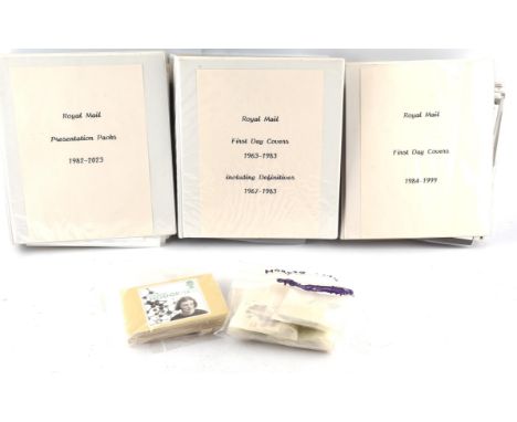 Stamps. Great Britain issues in three (3) binders to include GB first day covers and presentation packs, Queen Elizabeth II i