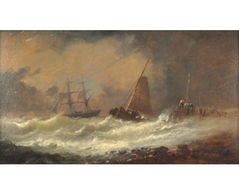 English School (19th century), Vessels in a storm off the coast, oil on board, 16 x 28cm. FramedCondition Report:  Surface di