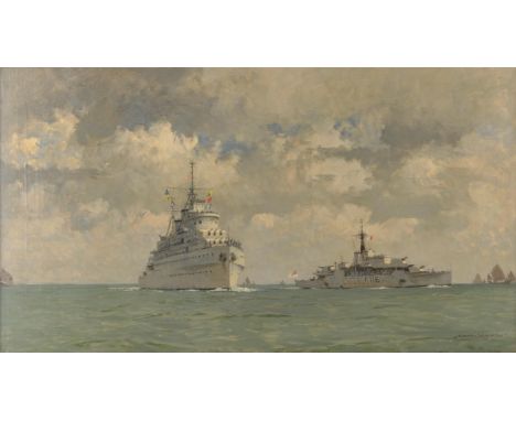 § Norman Wilkinson (British 1878-1971), H.M.S. Amethyst, meeting the cruiser H.M.S. Jamaica north of Formosa, 1949, oil on ca