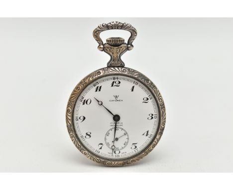 A WHITE METAL 'CATOREX' OPEN FACE POCKET WATCH, manual wind, round white dial signed 'Catorex', Arabic numerals, subsidiary d