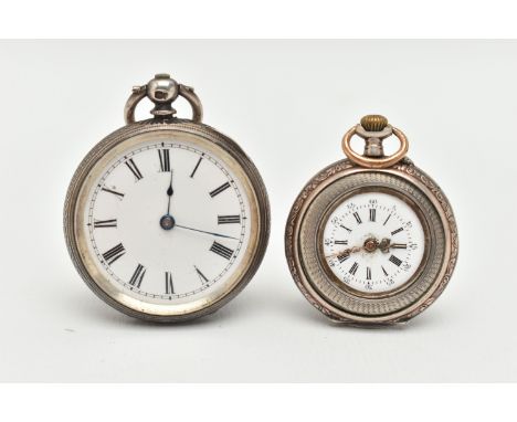 TWO LADIES OPEN FACE POCKET WATCHES, the first a key wound silver pocket watch, round white dial with Roman numerals, engine 