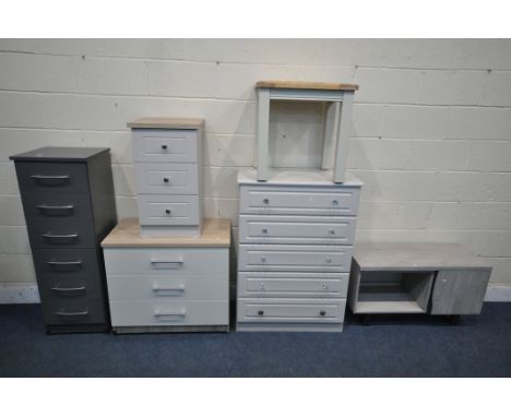 A SELECTION OF MODERN FURNITURE, to include a chest of five drawers, width 77cm x depth 40cm x height 108cm, a chest of three