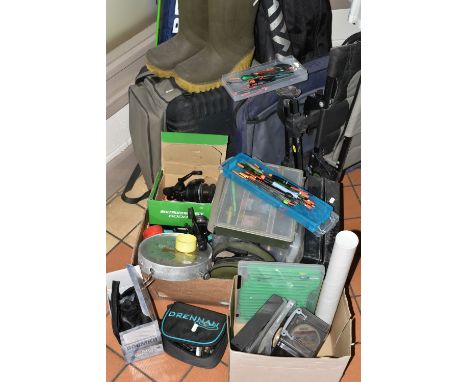 A QUANTITY OF COARSE FISHING EQUIPMENT AND TACKLE, including a Maver Enigma 101 13m pole with assorted top three kits, elasti