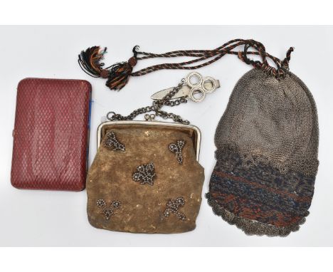 TWO EVENING BAGS AND A CARD CASE, the first a fabric bag with cut steel embellishments, the second a mesh and fabric bag, tog