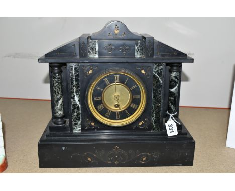 A BLACK SLATE VICTORIAN MANTEL CLOCK, a late Victorian large black slate cased mantel clock of architectural form with gilt a