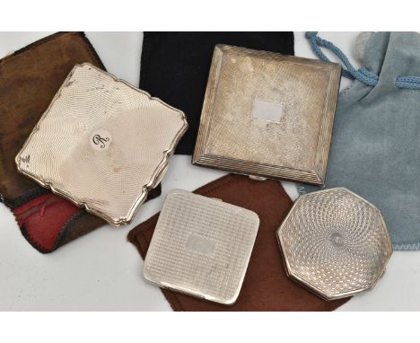TWO SILVER POWDER COMPACTS AND TWO STRATTON PLATED POWDER COMPACTS, the silver compacts comprising an octagonal example with 