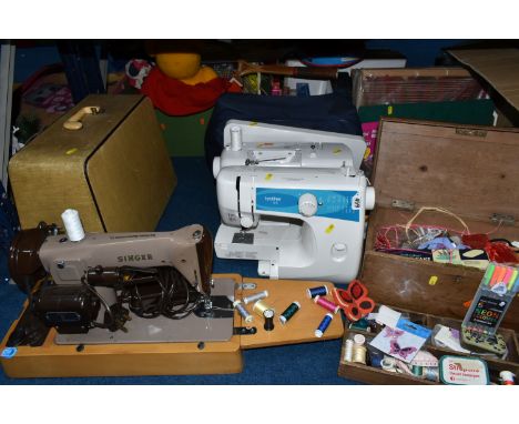 THREE SEWING MACHINES AND SEWING/HABERDASHERY ITEMS, to include a vintage electric Singer sewing machine 201K-EM369009 serial