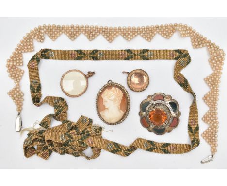 A SMALL BAG OF JEWELLERY, to include a 9ct gold front and back circular locket set with a rose cut diamond, fitted with a jum