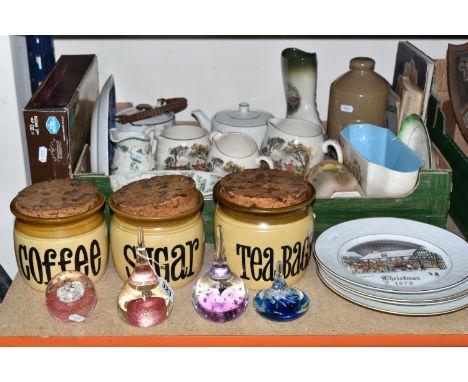 ONE BOX OF CERAMICS AND GLASS PAPERWEIGHTS, to include three T. G. Green Church Gresley 'Granville' kitchen cannisters with c