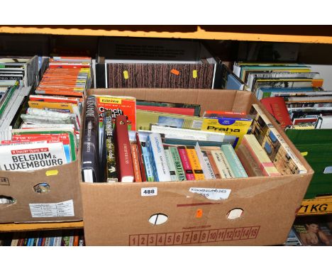FOUR BOXES OF BOOKS &amp; MAPS containing a large collection miscellaneous book titles in hardback and paperback formats, mos