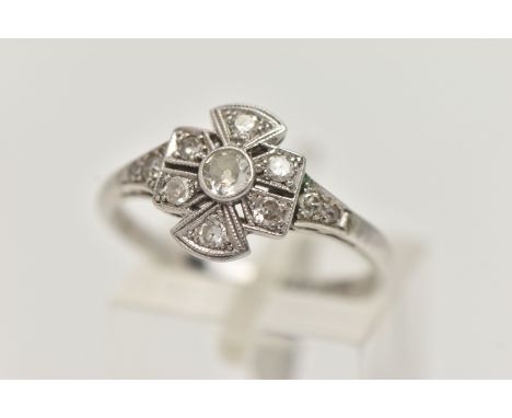 A MID 20TH CENTURY ART DECO DIAMOND RING, old cut and single cut diamonds bezel and grain set in white metal with milgrain de