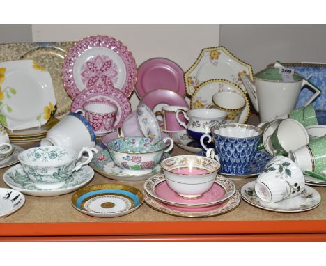 A SELECTION OF DECORATIVE TEA WARES ETC, to include a pink Royal Collection Faberge trio, puce coloured Copelands trio with r