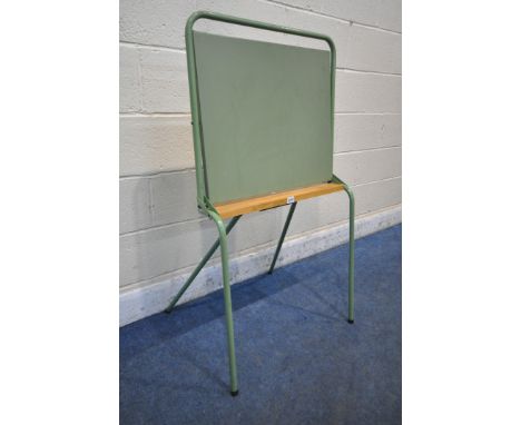 A GREEN PAINTED FOLDING TUBULAR METAL CHILDS REVOLVING CHALK BOARD, with a beech shelf, width 64cm x depth 56cm x height 115c