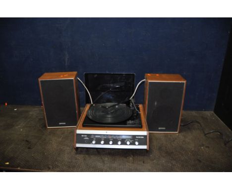 A VINTAGE SR STANDARD MUSIC CENTRE with matching speakers (PAT fail due to uninsulated plug working but speed controller swit