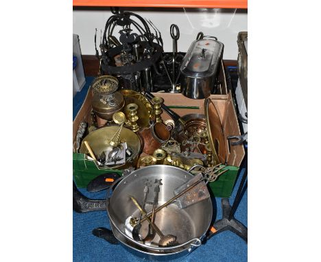 TWO BOXES OF METALWARE, to include a mid- century Danish stainless steel four flame candelabra, stainless steel jam pan, a ca