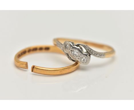 A 22CT GOLD BAND RING AND A DIAMOND SET RING, AF polished band, hallmarked 22ct Birmingham, split shank, approximate gross we