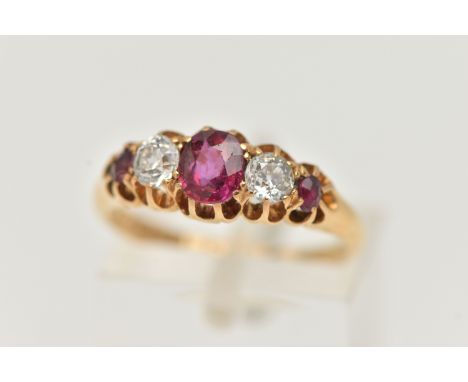 AN EARLY 20TH CENTURY RUBY AND DIAMOND RING, three oval cut rubies, interspaced between two old cut diamonds, prong set in 18