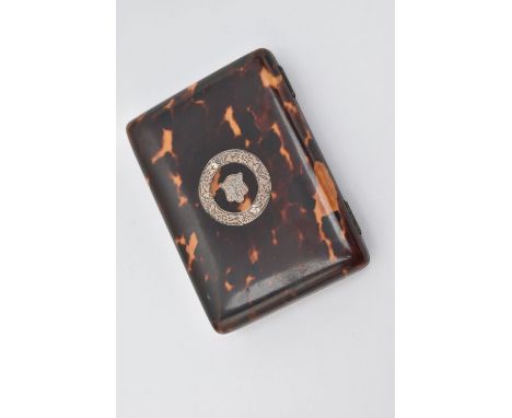 A VICTORIAN TORTOISESHELL AND SILVER INLAID CARD CASE, the front with shield shaped cartouche bearing a monogram surrounded b
