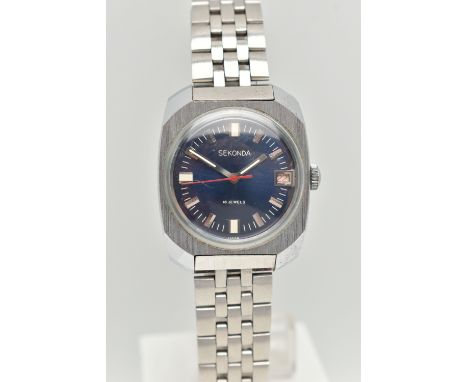 A BOXED GENTS 'SEKONDA' WRISTWATCH, self-winding, round blue dial signed 'Sekonda, 18 jewels', baton markers, date window at 