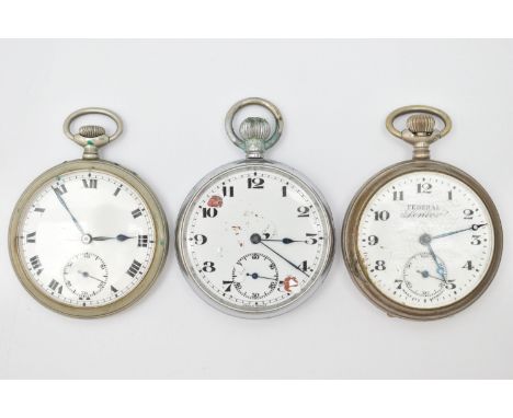 THREE POCKET WATCHES, all base metal and manual wind open face pocket watches, all require attention