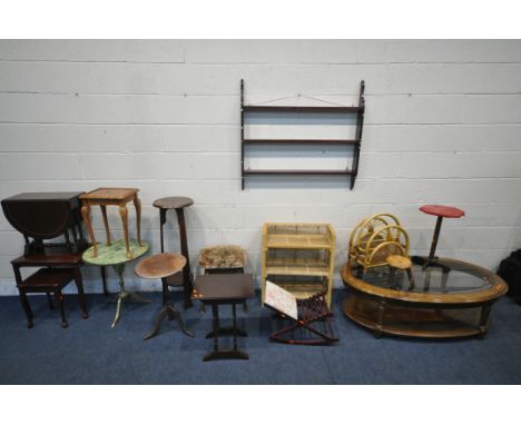 A LARGE SELECTION OF OCCASIONAL FURNITURE, to include an oval coffee table, with a smoked glass insert, on fluted and tapered