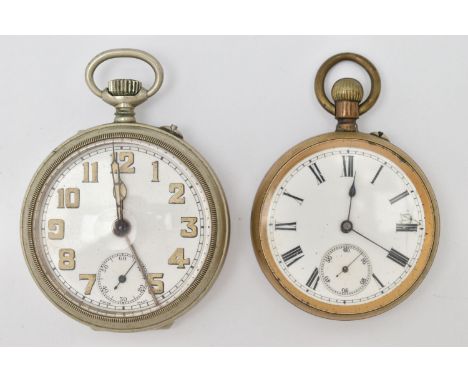 TWO POCKET WATCHES, to include a very worn gold plated, manual wind, open face pocket watch, Roman numeral dial, subsidiary d