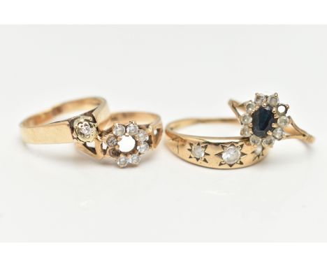 FOUR 9CT GOLD RINGS, to include a sapphire and cubic zirconia cluster ring, hallmarked 9ct Sheffield, ring size L 1/2, a cubi