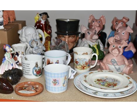 A GROUP OF NAMED COLLECTABLE CERAMICS ETC, to include five Wade Nat West Bank money boxes, Royal Doulton Babie HN1679 figurin