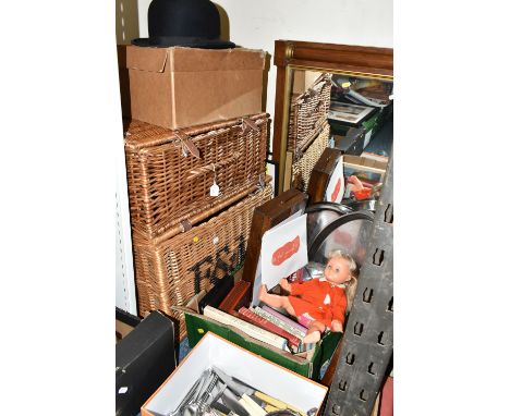 THREE BOXES AND LOOSE WICKER HAMPERS, METALWARES, WALKING STICKS AND SUNDRY ITEMS, to include two Fortnum and Mason wicker ha