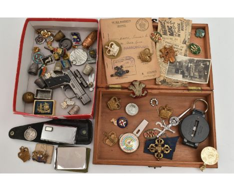 A BOX AND A WOODEN BOX OF MILITARY BADGES, OTHER METAL AND ENAMEL BADGES, NEEDLEWORK ACCESSORIES AND COLLECTABLES, including 