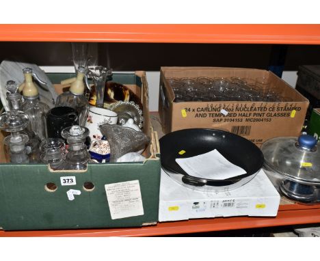 TWO BOXES AND LOOSE GLASS, CERAMICS AND COOK WARES ETC, to include twenty-two Carling half pint glasses, seven Gordons tall g
