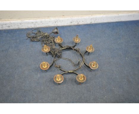 A WROUGHT IRON GOTHIC EIGHT BRANCH CHANDELIER, with long chains, diameter 72cm (condition report: some surface marks)