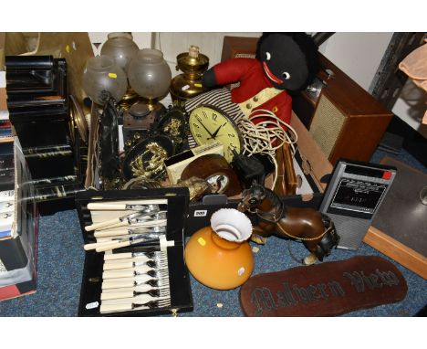 A BOX AND LOOSE SEWING MACHINE, SOUND SYSTEM AND SUNDRY ITEMS, to include a Ferguson Stereo Minor sound system and fold out r