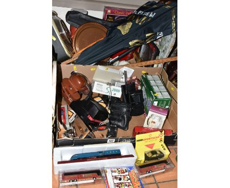 THREE BOXES OF MISCELLANEOUS SUNDRIES, to include a boxed A4 Class 'Mallard' train engine, a set of six Beano metal pin badge