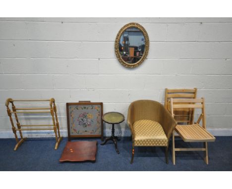 A SELECTION OF OCCASIONAL FURNITURE, to include a gilt resin oval mirror, a Lloyd loom chair, two folding chairs, a tripod ta