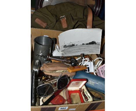 TWO BOXES OF MISCELLANEOUS SUNDRIES, to include a green canvas bag, a framed photograph of a soldier, a Rothman's Sporting Fo