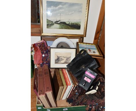 TWO BOXES OF BOOKS, PICTURES, MIRRORS AND MISCELLANEOUS ITEMS, to include nine framed paintings, sketch and prints, a wall mi