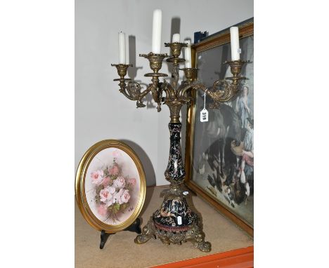 A LARGE CANDELABRA AND TWO FRAMED PICTURES, comprising a Wong Lee porcelain and cast metal five flame candelabra, decorated w