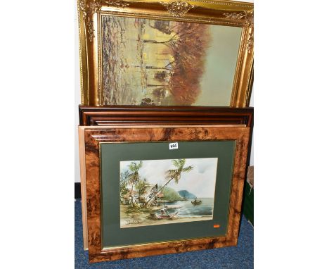 FIVE DECORATIVE OIL AND WATERCOLOUR PICTURES, comprising two John Bampfield (1947) oils on canvas, the first depicting an Edw