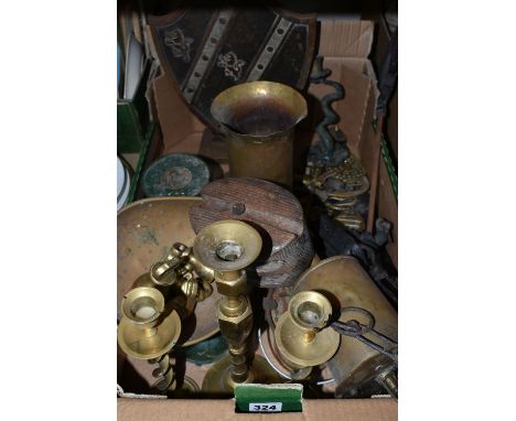 ONE BOX OF METALWARE, to include three brass candle sticks, a shield shaped fireside companion set, a brass roasting 'Jack', 