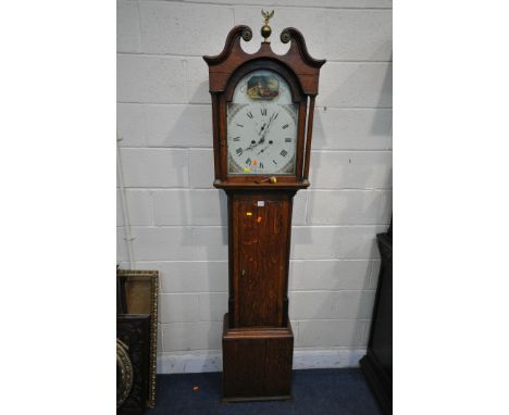 A GEORGIAN OAK CASED 8 DAY LONGCASE CLOCK, the hood with a swan neck pediment, central brass finial depicting a bird with win